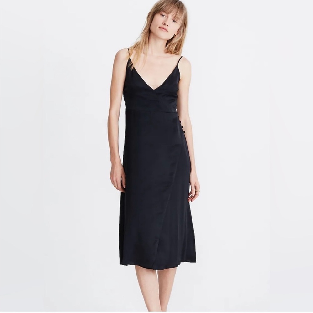 Madewell Satin Cami Side-Button Black Wrap Midi Dress